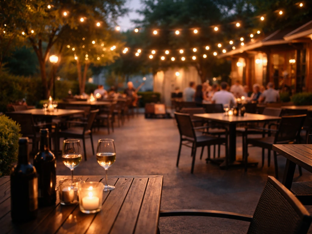 Warm outdoor patio seating at dusk with live-music vibe and string lights in Beaumont.