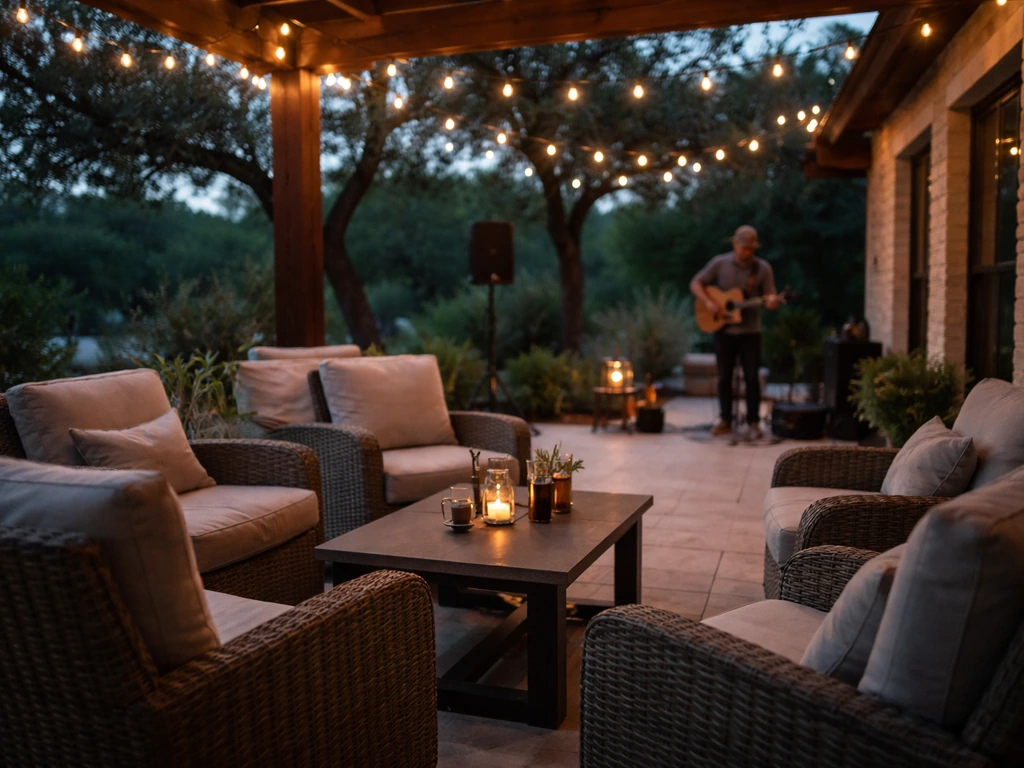 Spacious outdoor patio seating with warm lights and a small acoustic music setup in the background.