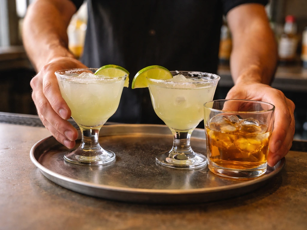 Close-up of a bartender’s hands delivering mixed drinks on a tray at a bar counter.