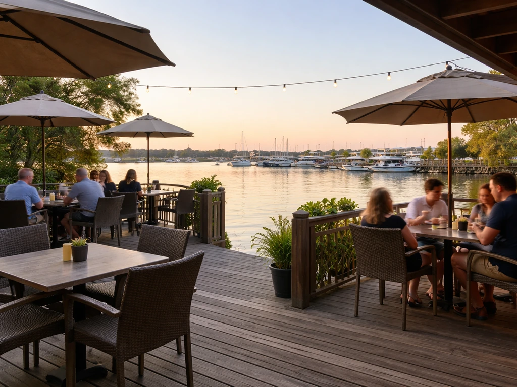 Wide waterfront patio view with outdoor seating overlooking calm marina water in Punta Gorda.