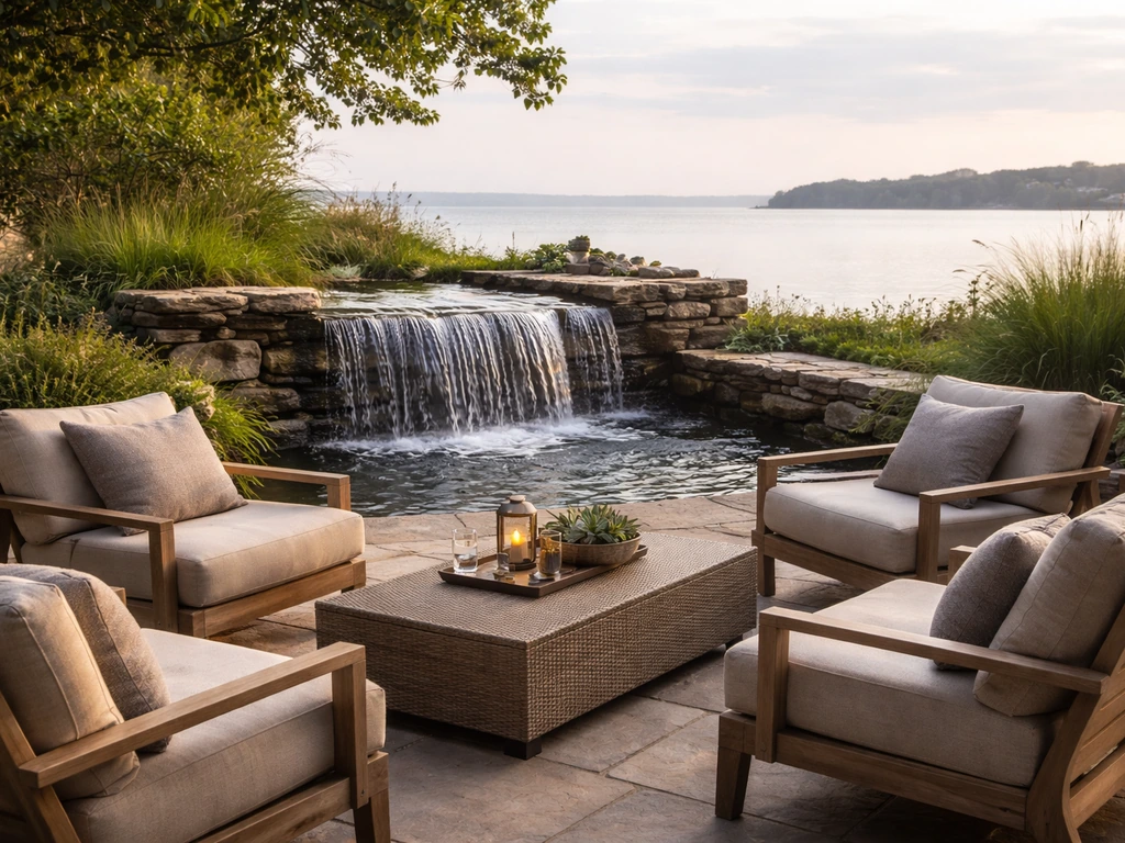 Minimal outdoor patio seating beside a cascading waterfall with waterfront views in soft daylight.