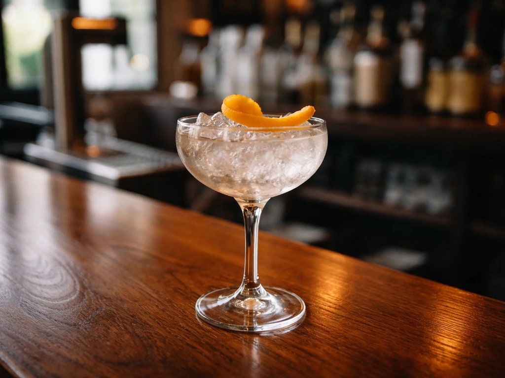 Amber craft cocktail in a coupe glass on a bar counter with a blurred beer tap background.