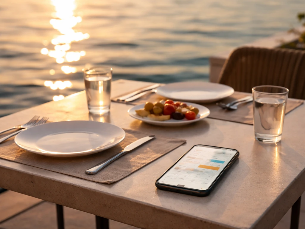 Smartphone with reservation calendar beside a waterfront dining table with relaxed drinks at golden hour.