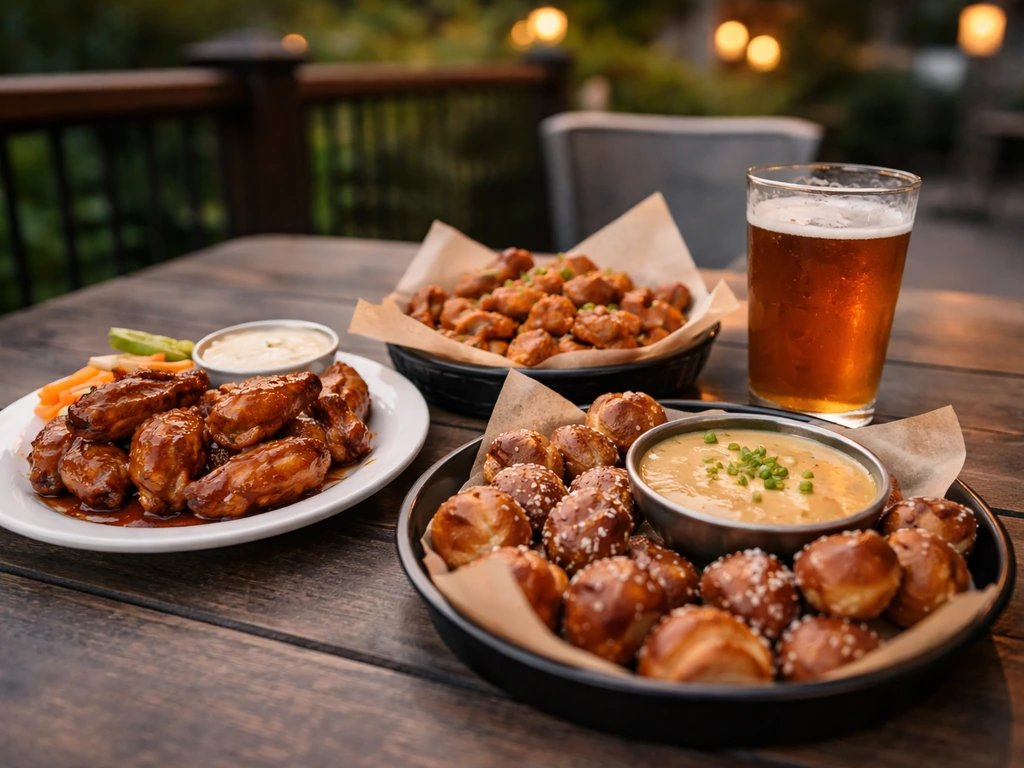 Patio table with traditional wings, boneless wings, and shared beer cheese pretzels plus a craft drink glass.