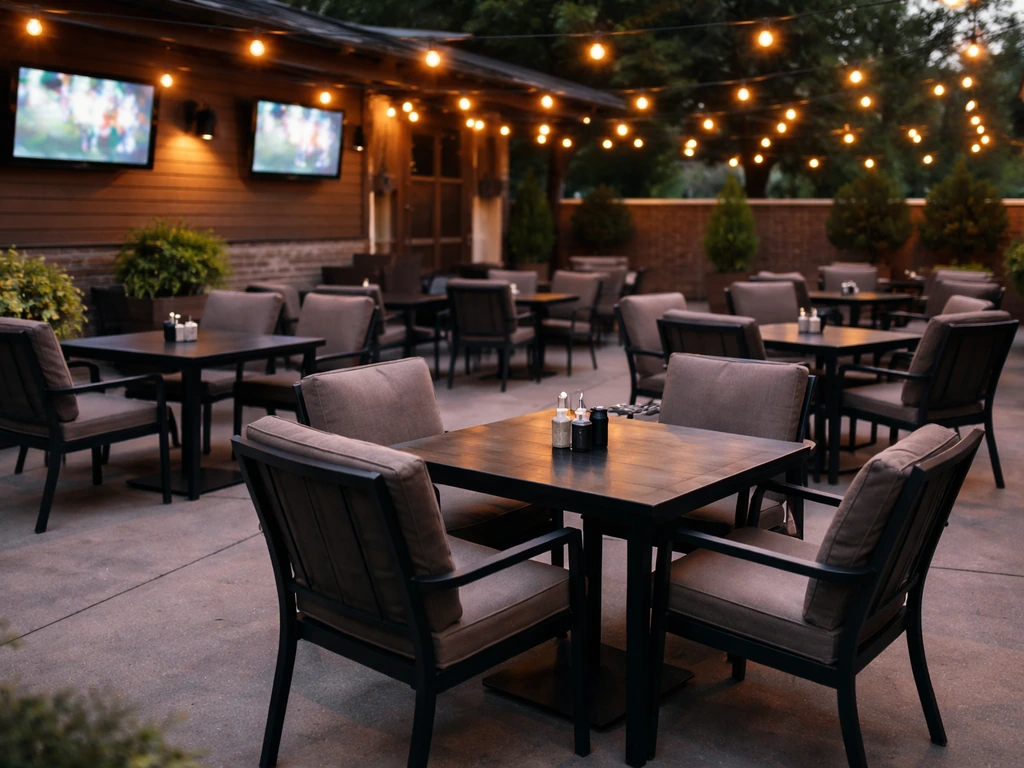 Renovated neighborhood bar patio with outdoor tables and blurred TVs in the background at dusk