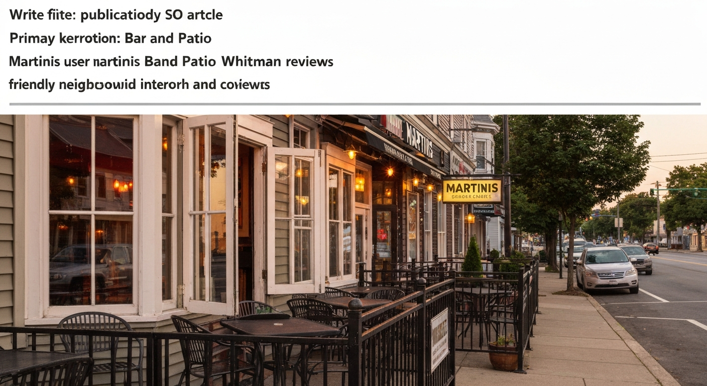 Exterior view of Martinis Bar and Patio with front windows open and patio seating at golden hour