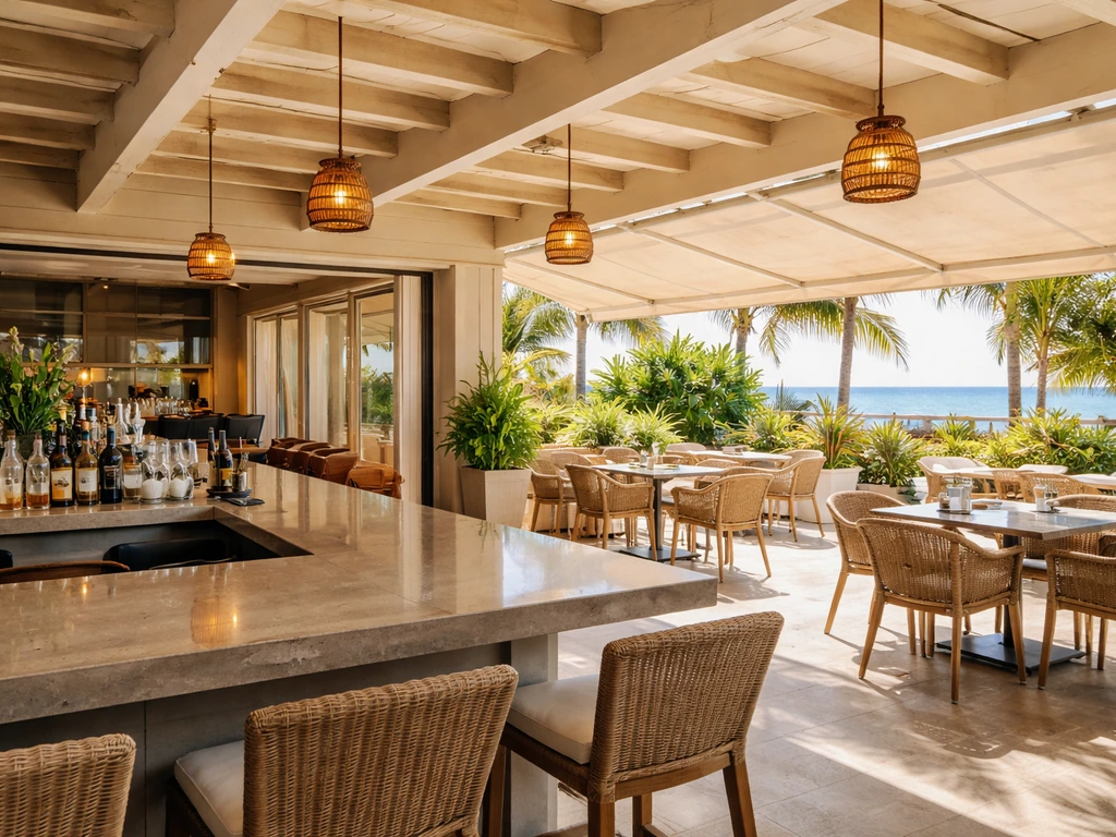 Covered outdoor bar patio with seating, ceiling awning, and warm evening light.