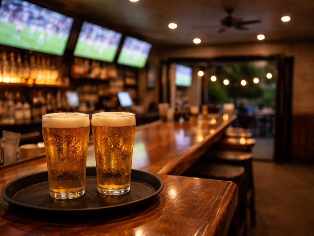 Sports bar interior with TVs and a bar counter, beer glasses on a tray, patio view in the background