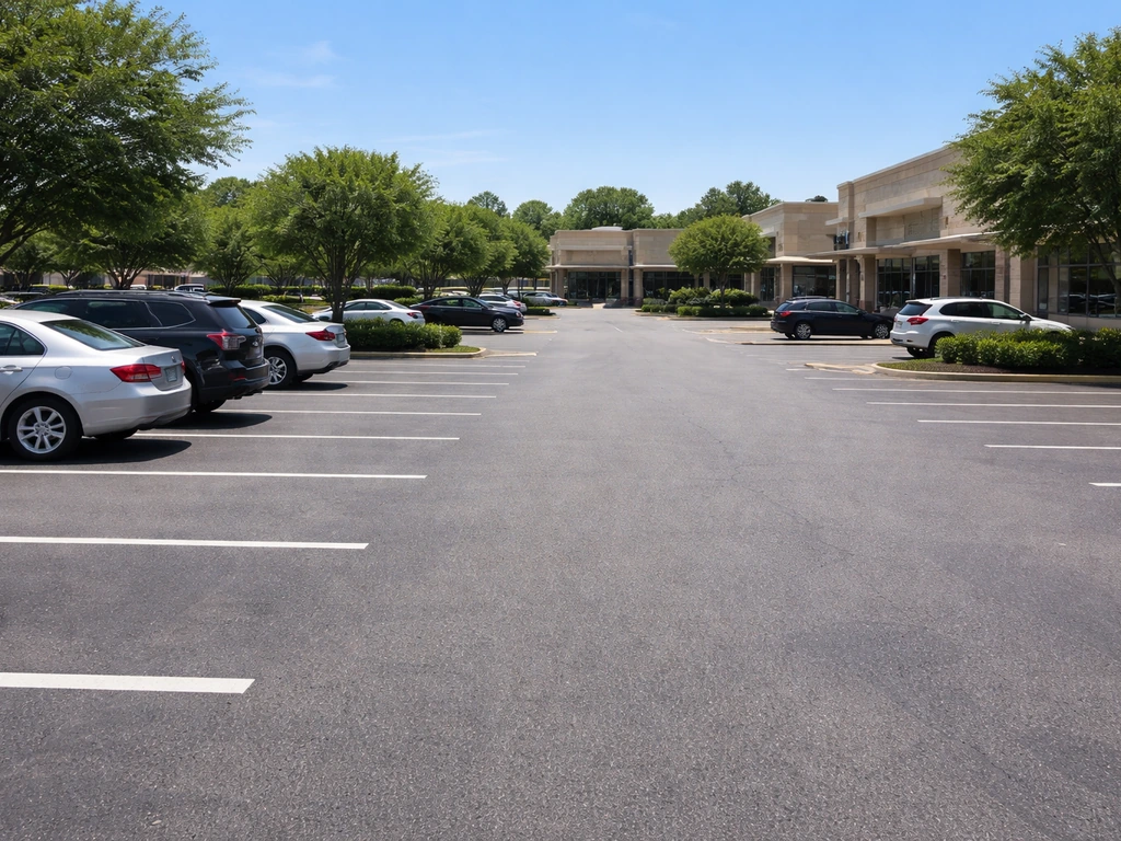 Parking lot of a commercial plaza with a few cars and limited-looking spaces near the entrance.