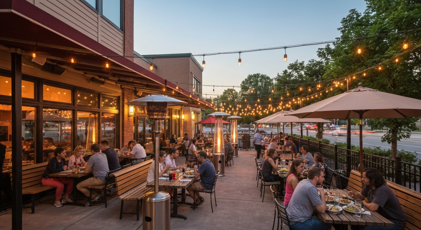 Dusk view of a busy outdoor patio with string lights, mixed seating, and diners enjoying meals.