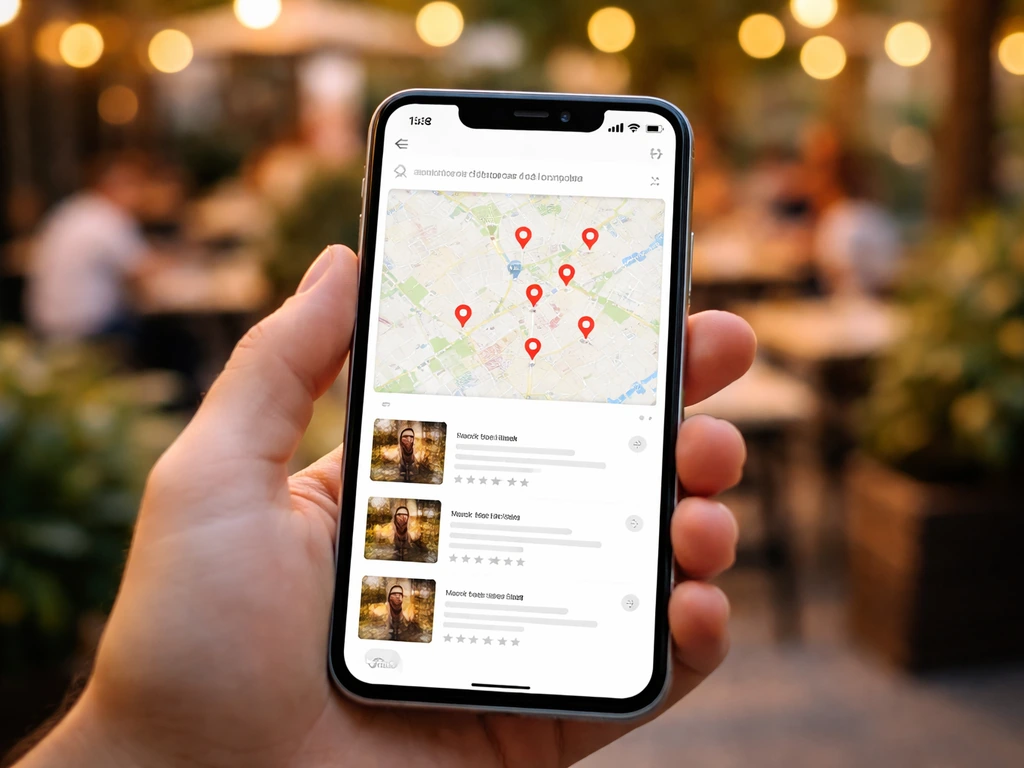 Close-up of a smartphone showing nearby patio lounge review search with a highlighted city filter.