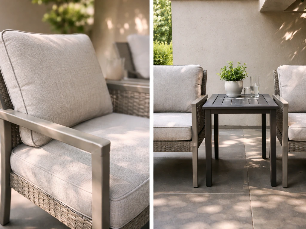 Closeups of cushioned patio chairs and proper spacing on a covered outdoor terrace.