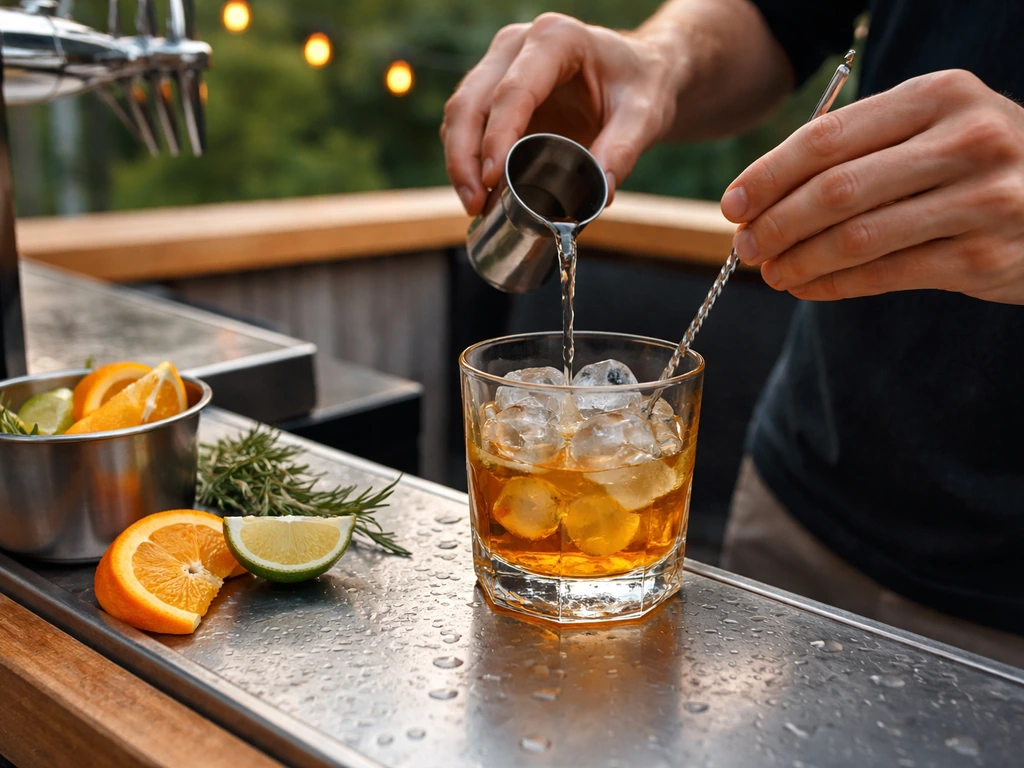 Cocktail being built on a patio bar rail with visible ice and garnish; beer tap nearby