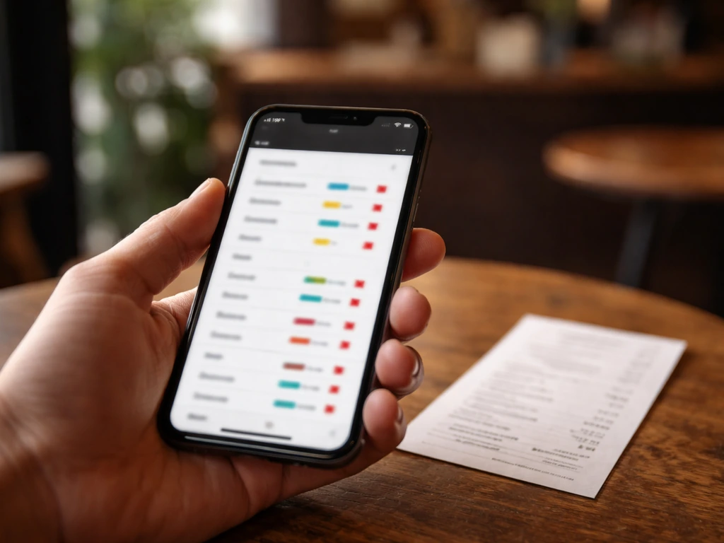 Hand holding a smartphone with blurred review categories and red-flag icons on a cafe table.