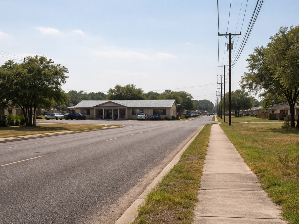 Suburban roadside view near a small local venue and parking area in Cibolo, Texas.