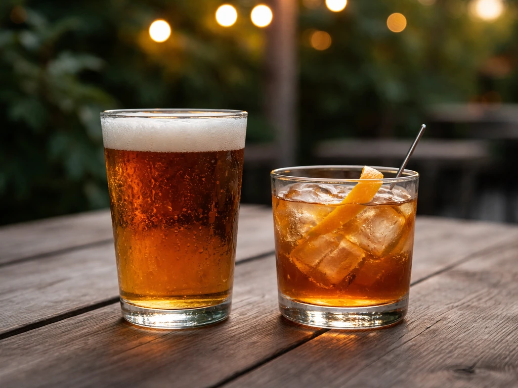 A cold beer and a mixed cocktail on a patio table with blurred greenery in the background.