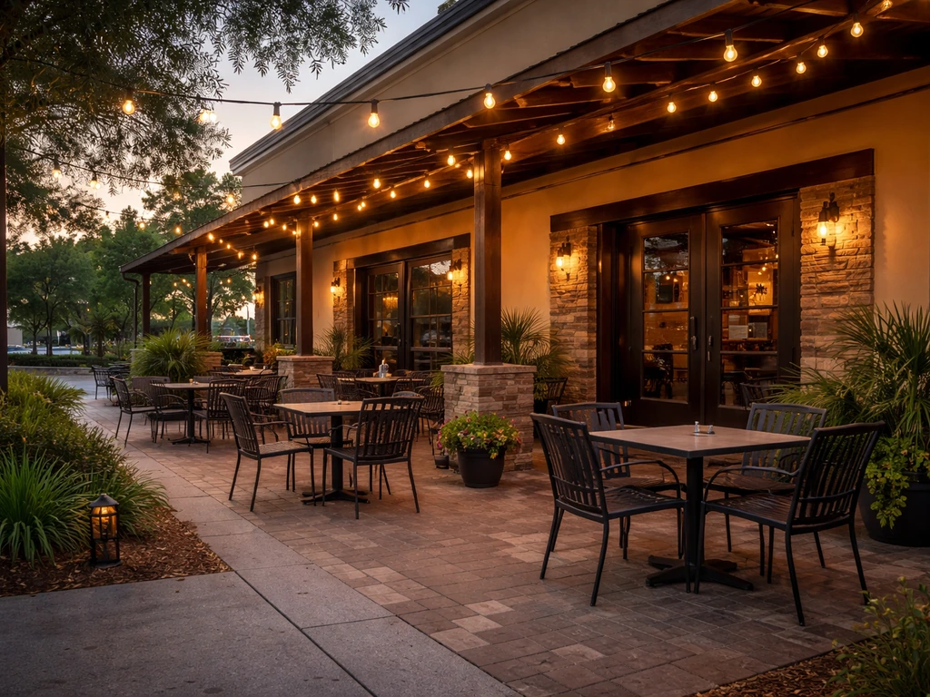 Front view of a patio bar and grill in Ocala, Florida with covered outdoor seating and warm lights.