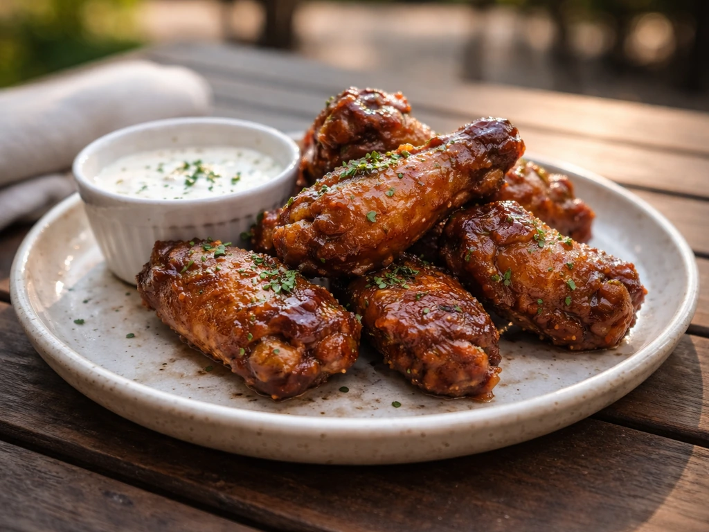 Close-up of a shareable patio dish with crispy wings and dipping sauce on a simple table.