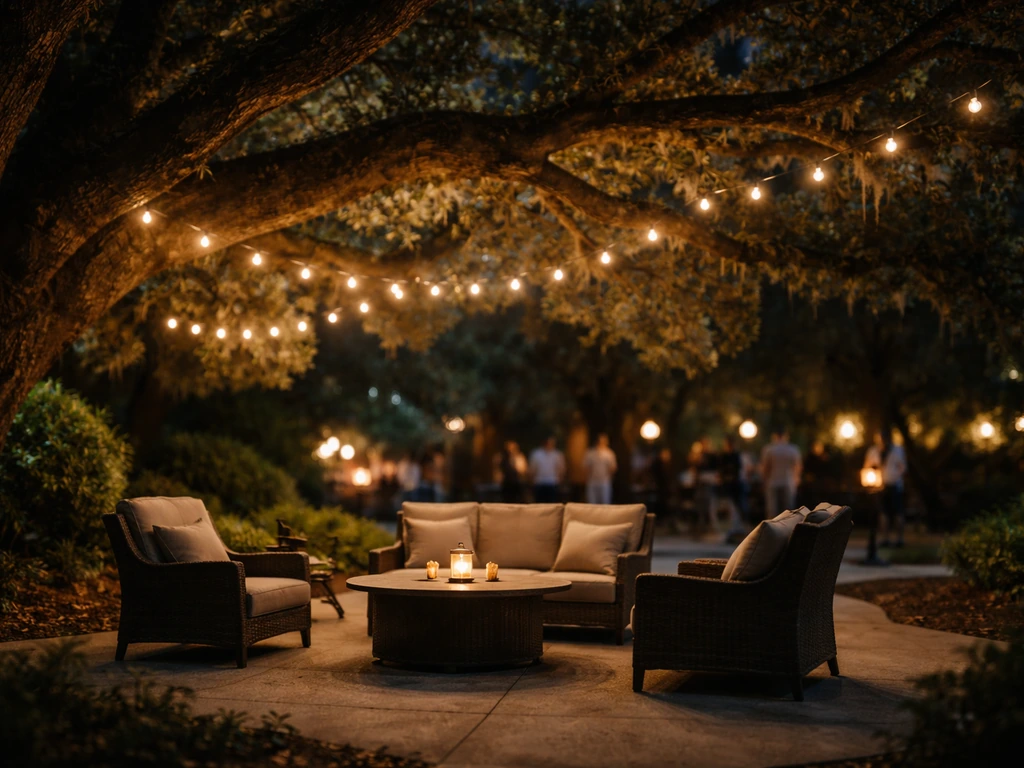Live oak canopy over an outdoor patio seating area at night with warm ambience and distant blurred activity.