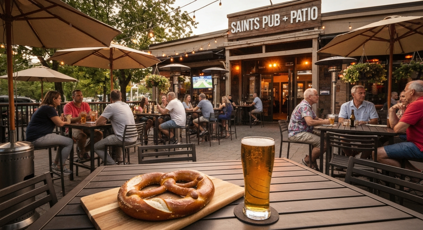 Golden-hour patio scene at Saints Pub + Patio with diners, string lights, a giant pretzel and a pint in the foreground