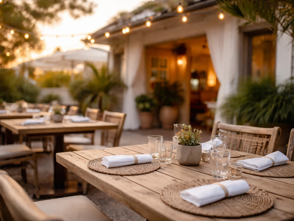 Outdoor restaurant patio in a beach-town style with neatly arranged tables and chairs, string lights softly glowing.