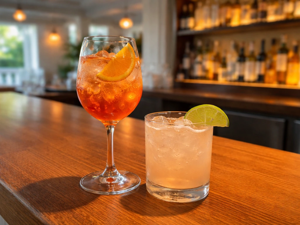 Two upscale cocktails, Aperol Spritz and Paloma, on a Hamptons bar counter with warm blurred lights.