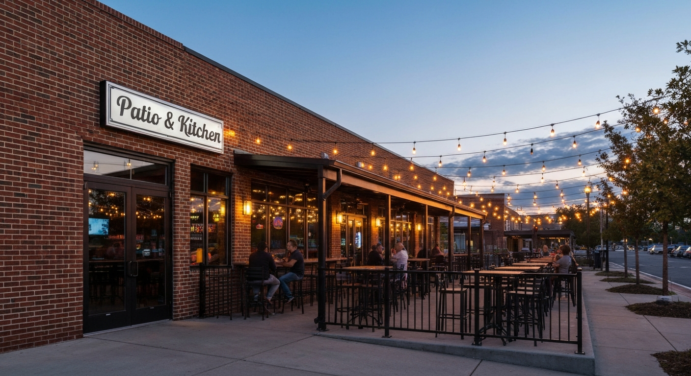 Exterior view of a downtown patio bar at dusk with string lights, bar-height seating, and groups of patrons silhouetted against warm lighting.
