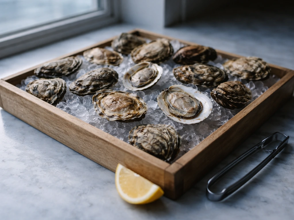 Assorted oysters on crushed ice on a simple raw bar tray, with lemon wedge and tongs nearby.