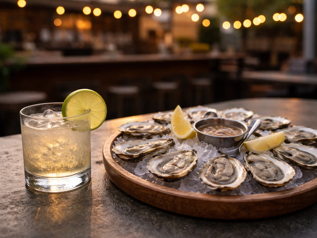 Chilled cocktail and a wooden platter of oysters on ice on a bar patio table.