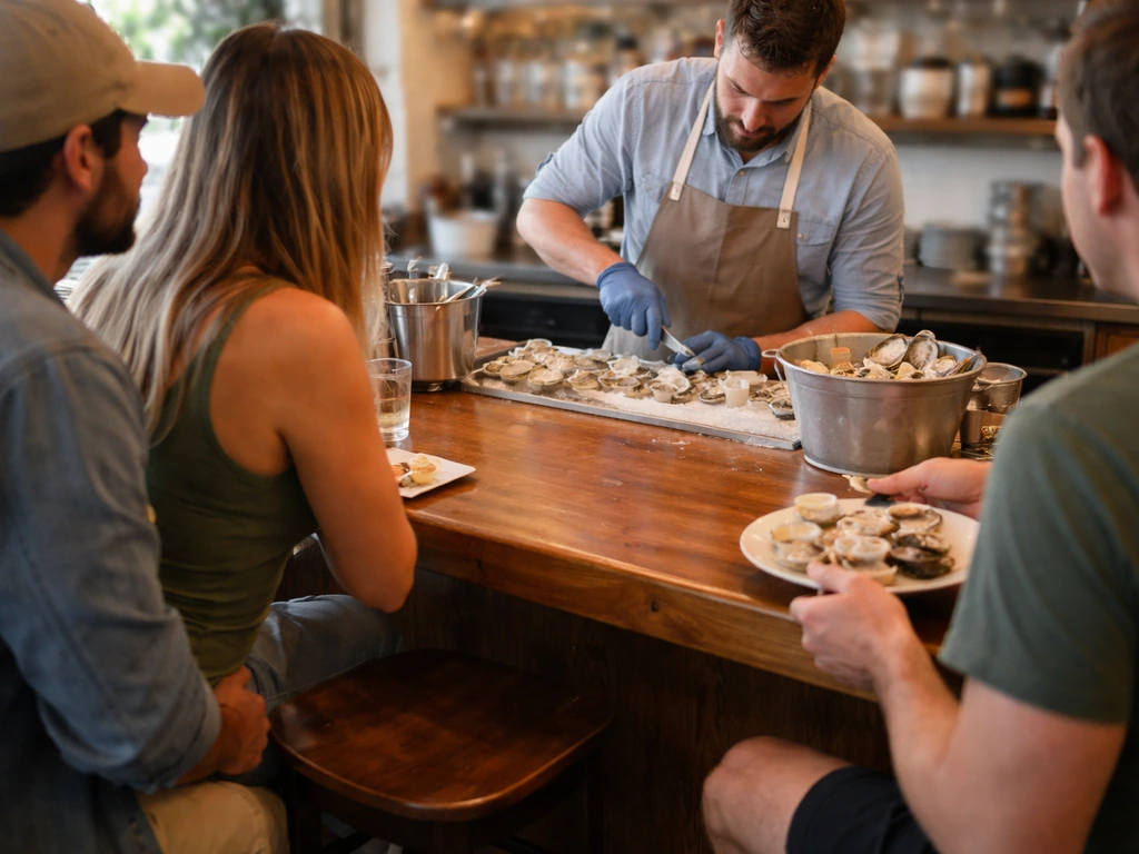 Oyster bar with a shucker at the bar and diners about to order right after being seated.