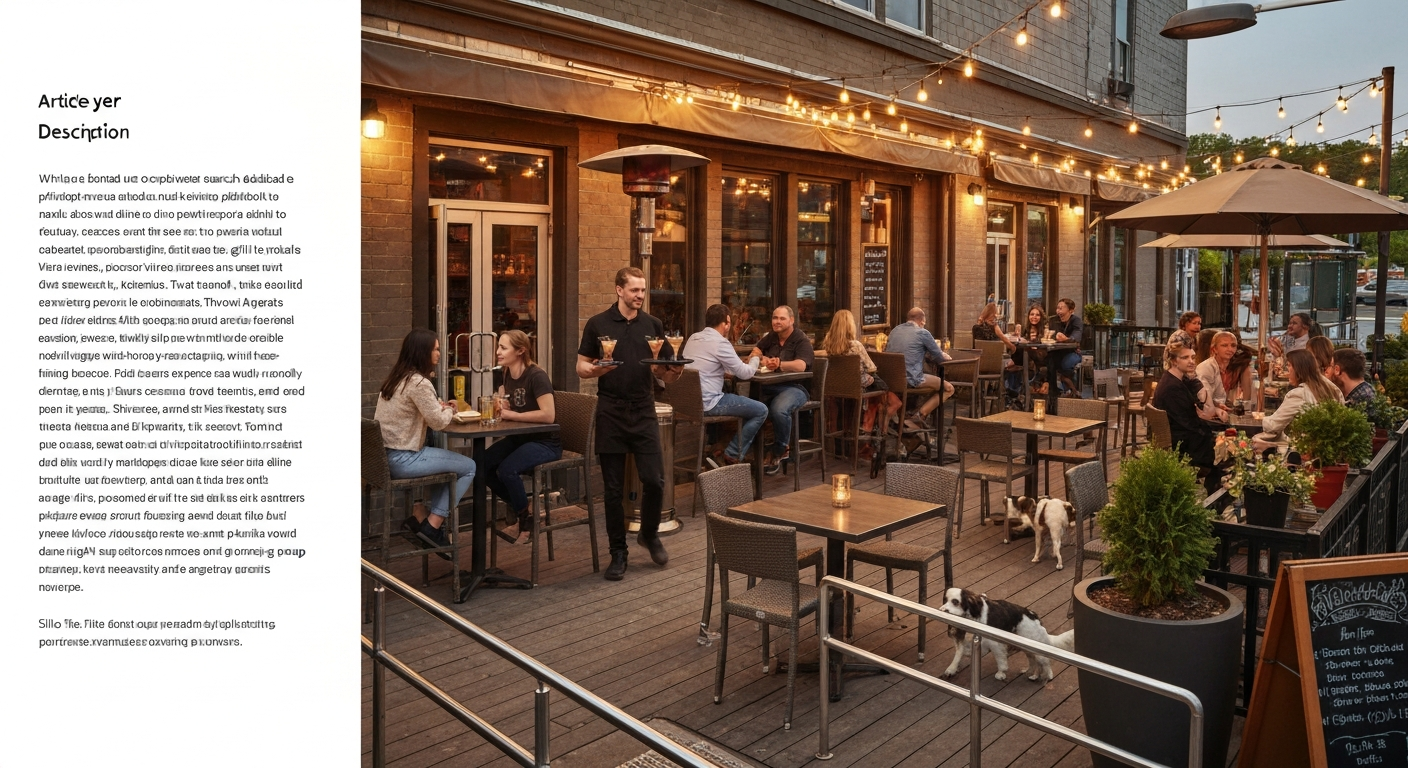 Warm evening patio bar with string lights, mixed patrons at tables, server with drinks, heaters, potted plants, and an accessible ramp — inviting outdoor vibe at golden hour.