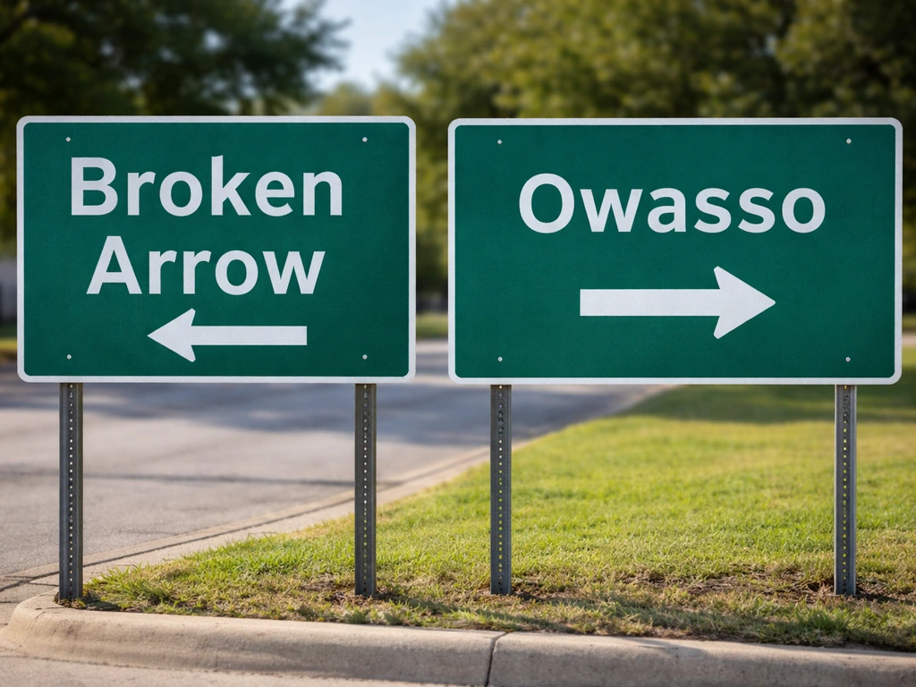 Two nearby roadside signs showing Broken Arrow and Owasso at a quiet street corner.