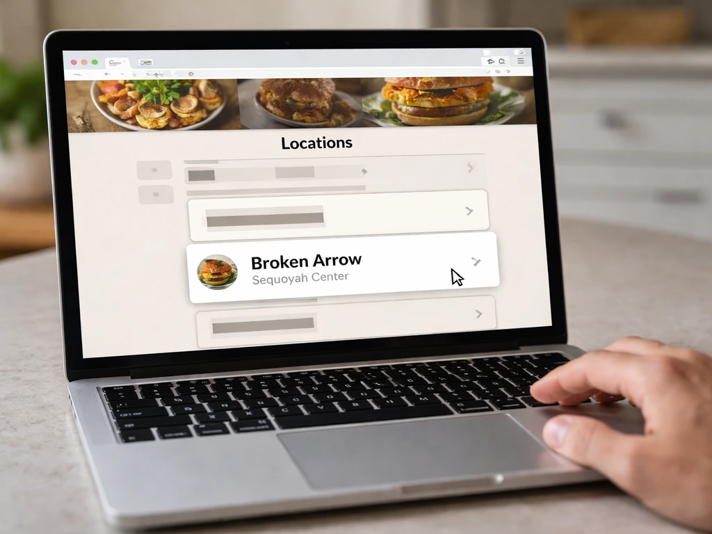 Hands on a laptop showing a clean website flow to a Locations page with Broken Arrow selected.