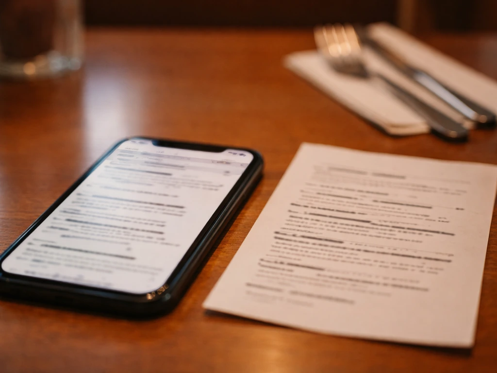 Smartphone with blurred diner reviews next to a marked menu PDF thumbnail on a simple table.