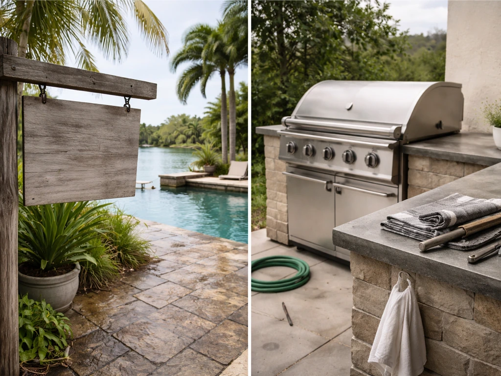 Split-view photo showing a misleading waterfront-style sign layout vs an outdoor BBQ patio cooking area.