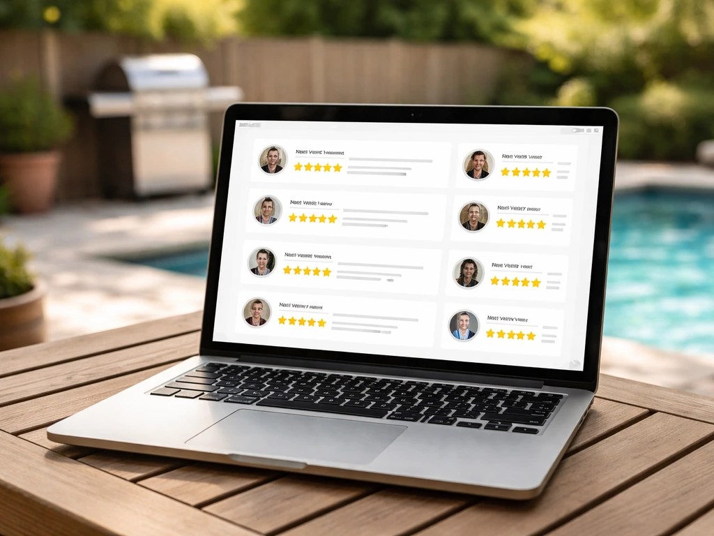 Laptop on patio showing blurred review cards with photo thumbnails and star icons.