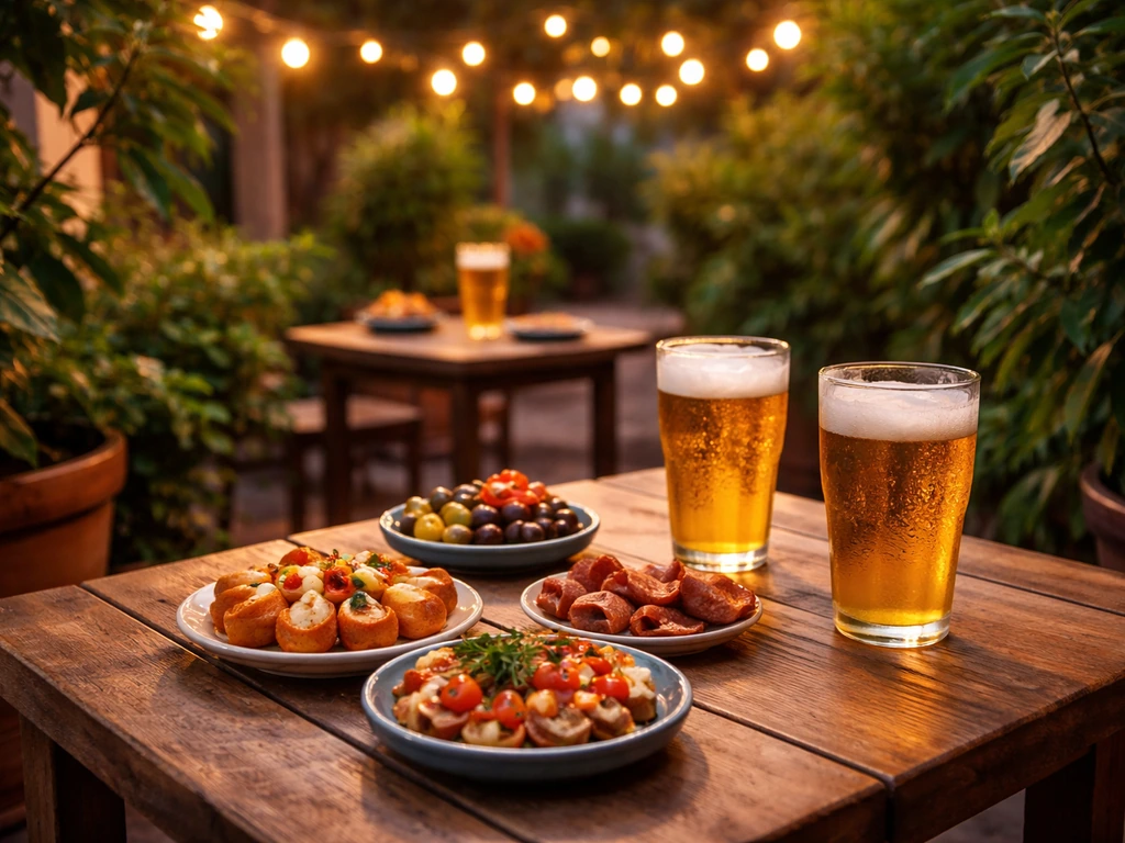 Vibrant Coral Springs patio dining with tapas, glasses, warm string lights, and a relaxed beer atmosphere.