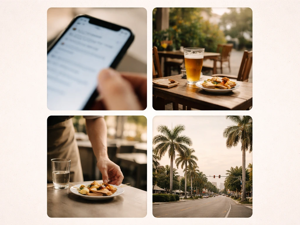 Minimal collage of blurred review phone, patio tapas and beer, anonymous service, and palm-lined Florida street.