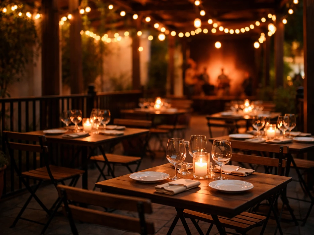 Warm string-lit patio with set bistro tables and a softly blurred flamenco stage in the background.