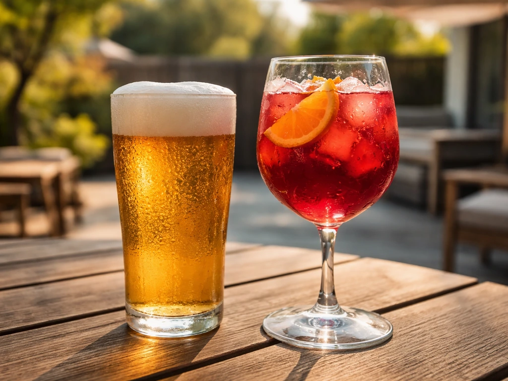 Cold beer and red sangria cocktails on a patio table, side by side with condensation and ice.