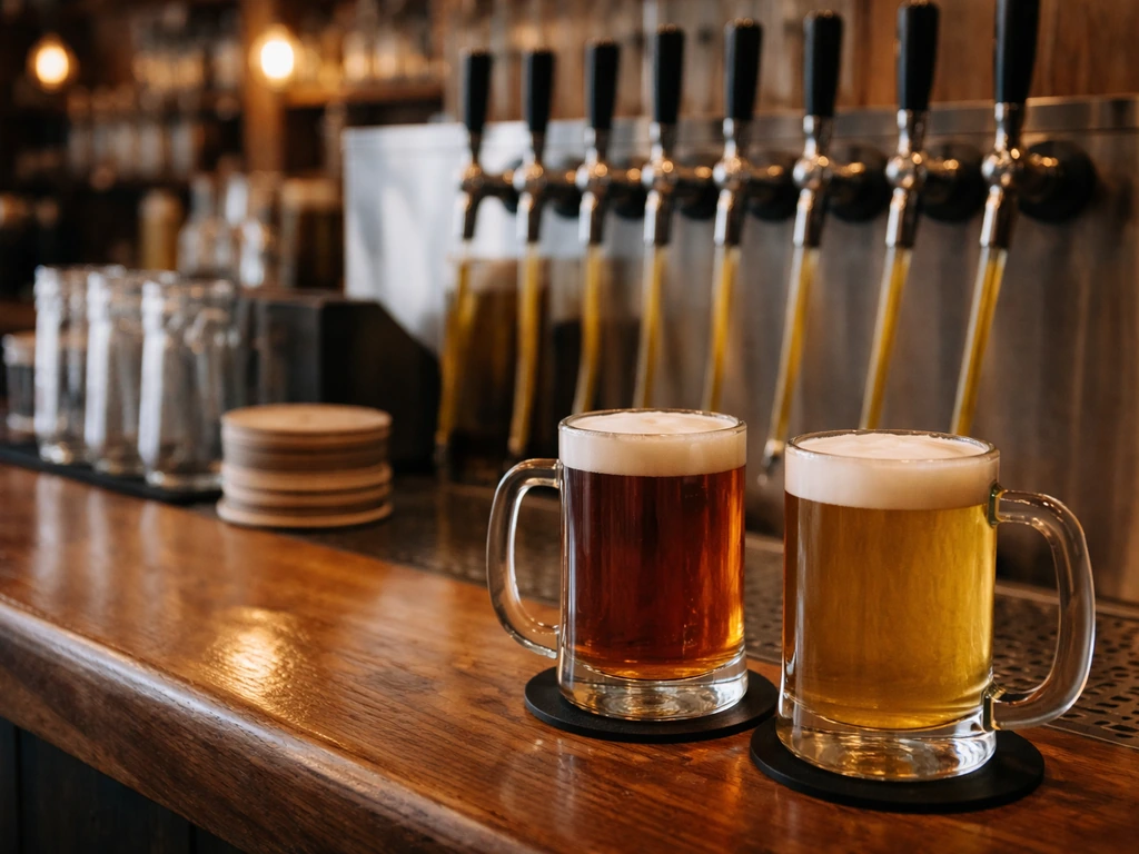 Draft beer taps and glasses on a warm bar counter with visible beer lines and tap handles.