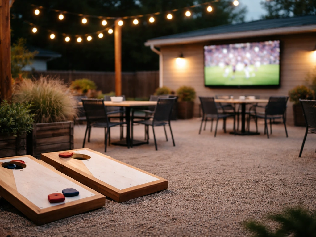 Group game-day patio scene with TVs and cornhole boards under warm lights at a sports bar