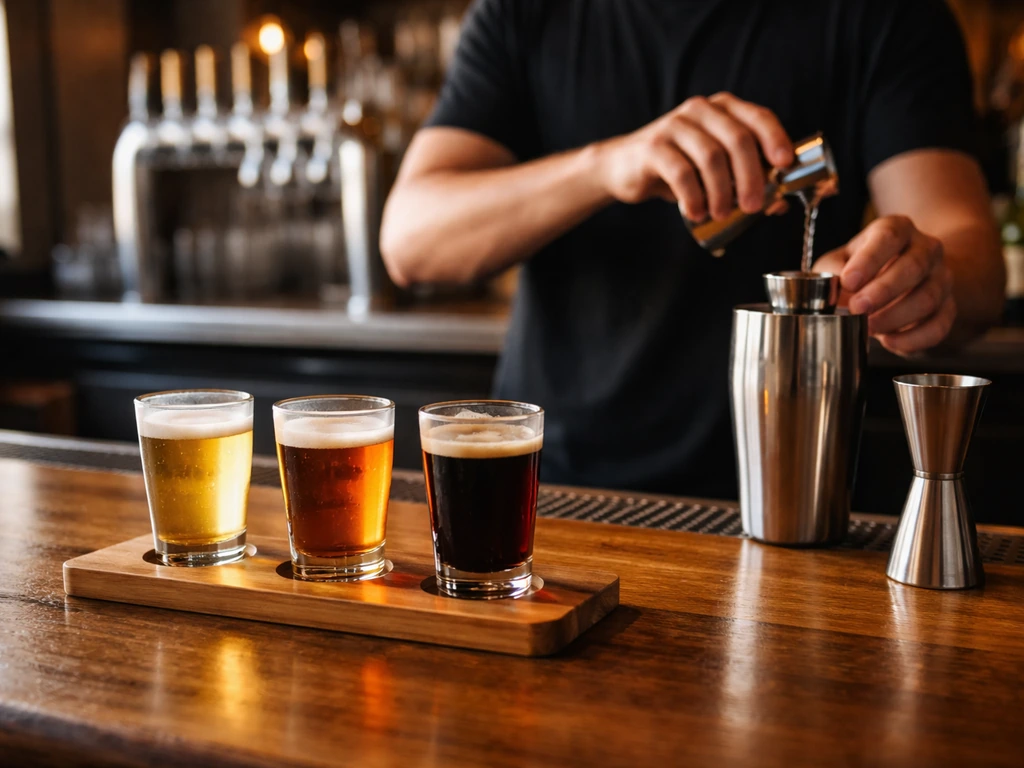 Bartender hands preparing a beer flight beside draft taps in a warm bar setting