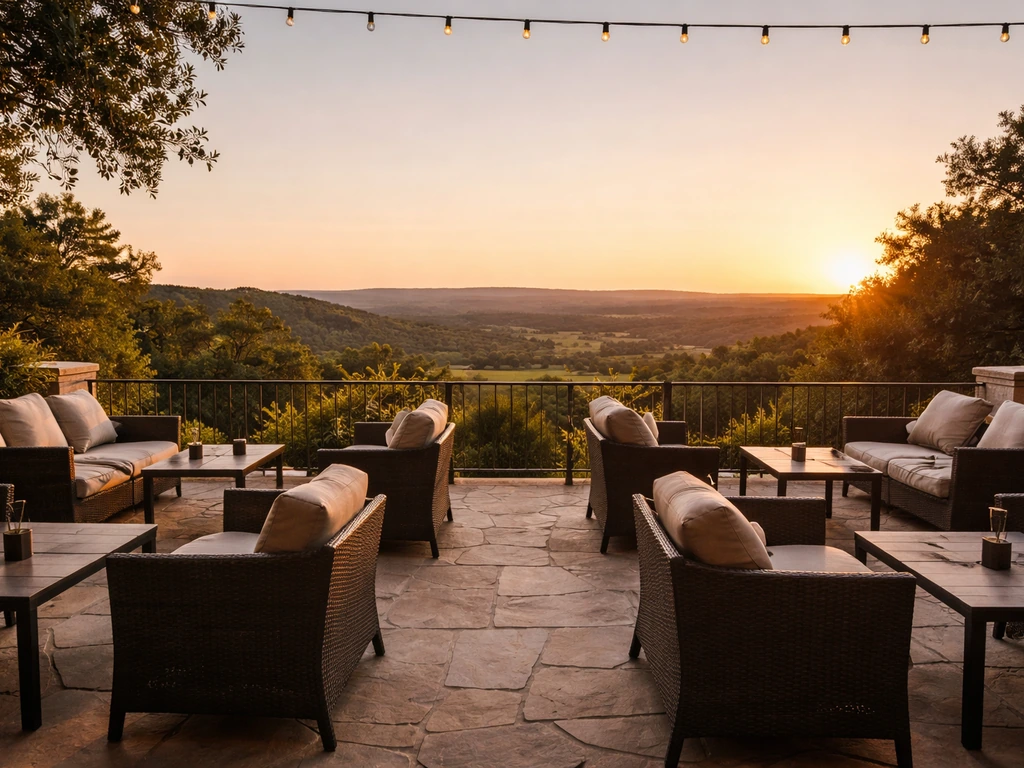 Warm sunset view over an outdoor patio with empty seating, showing a wide Hill Country horizon.