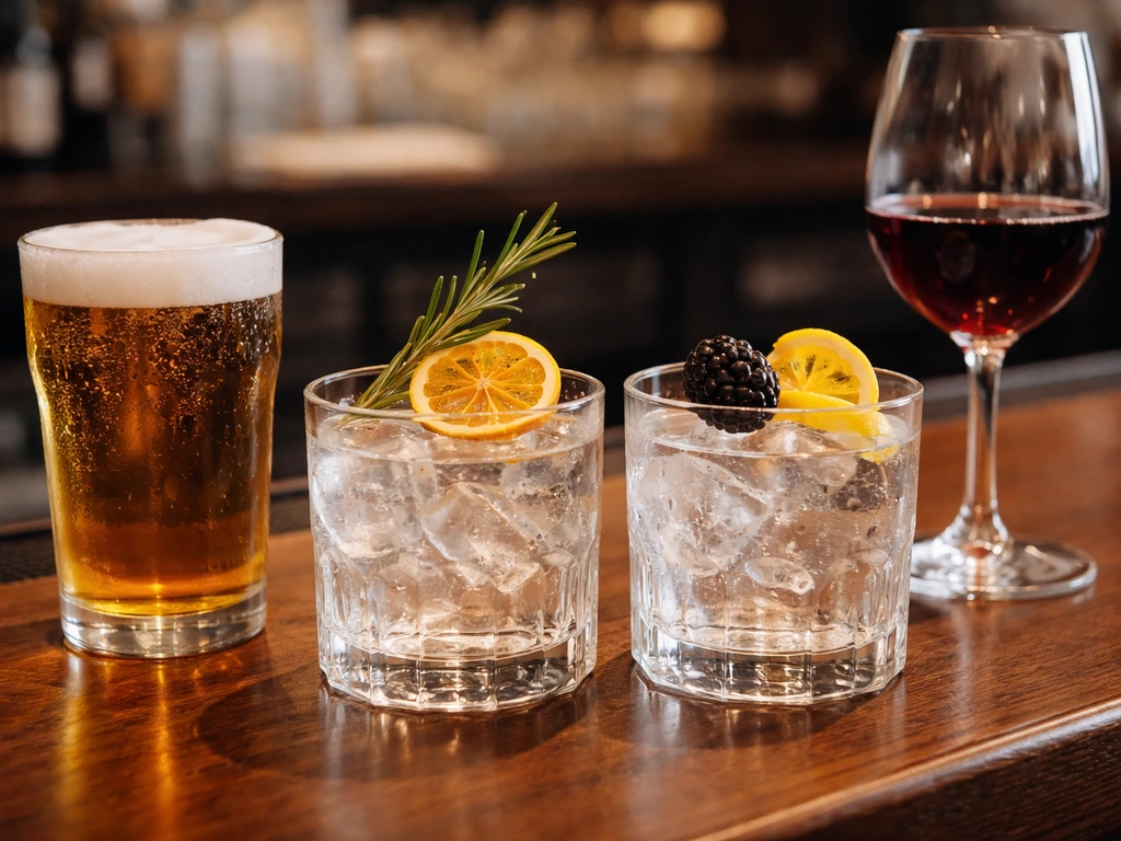 Two hand-crafted cocktails with ice and garnish, plus a beer and wine pairing set on a bar