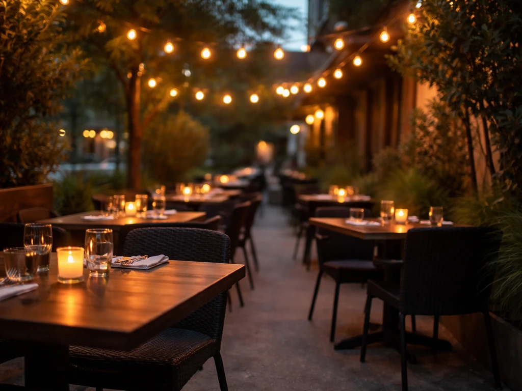 Empty evening patio with warm string lights glowing as golden hour fades to night.