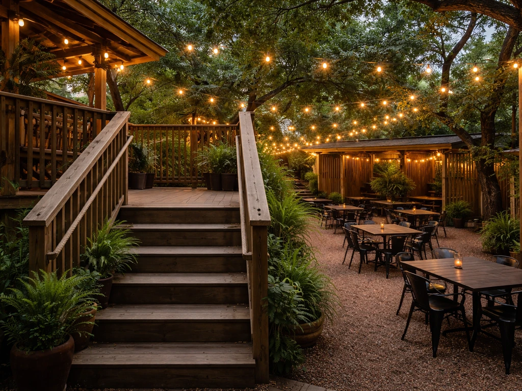Multi-level patio with top deck and ground seating, showing bayou-style wood ambiance and easy guest flow.