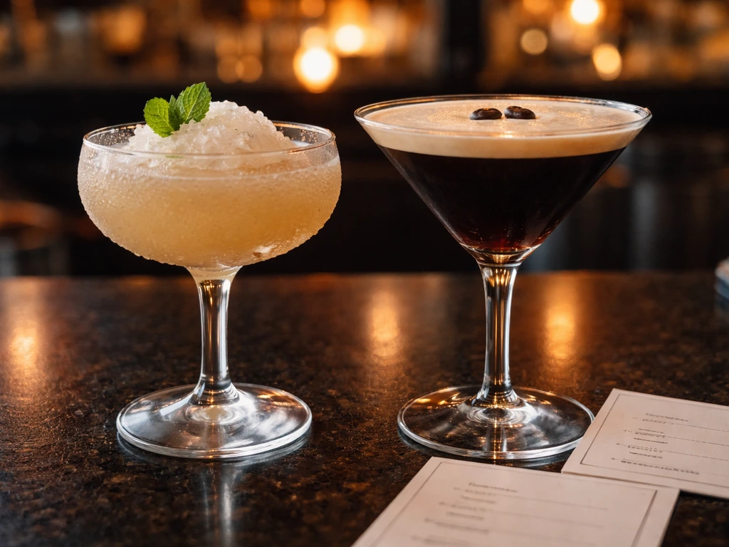 Close-up of frozen specialty cocktail and espresso martini in a dim bar setting, with small glass labels blurred