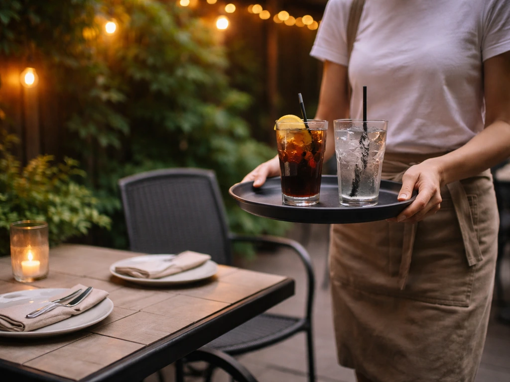 Server delivering drinks to a small table on a quiet patio with warm evening ambiance.