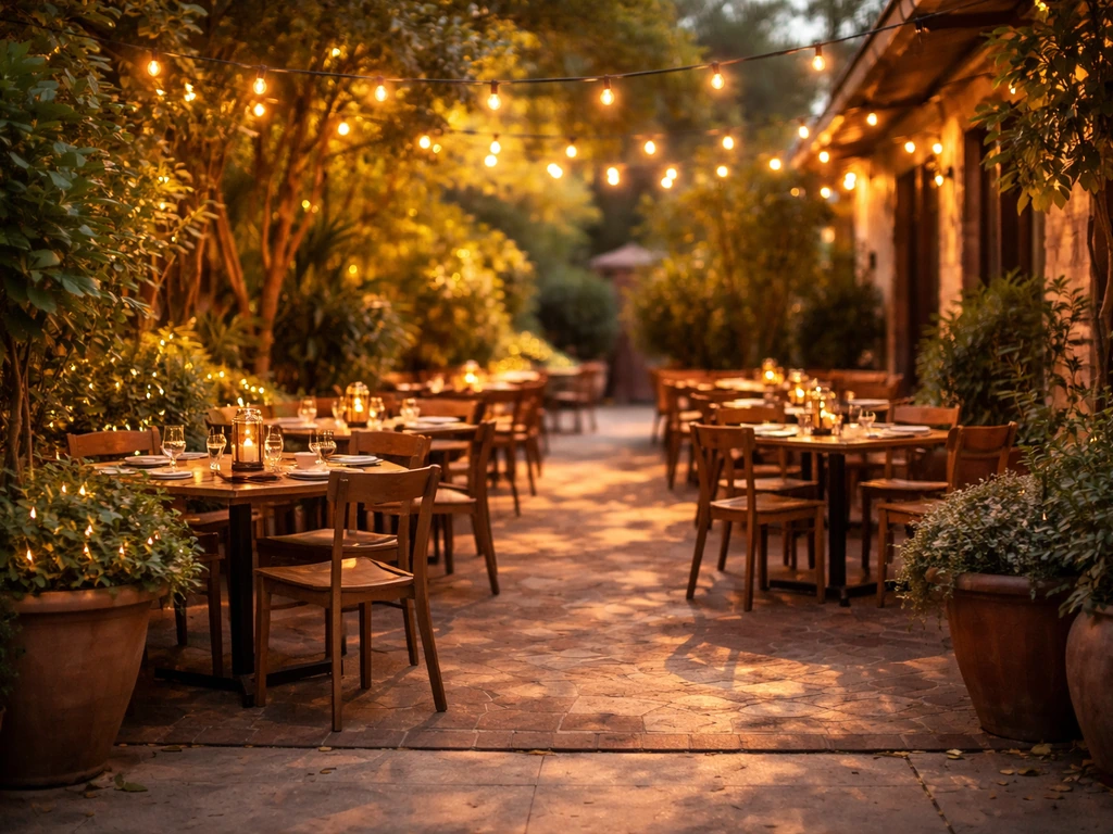 Golden-hour view of a cozy outdoor restaurant patio with inviting empty tables and warm lights.